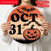 2D Flat, 1pc Decorative Plaques and Ornaments Sign, Round Distressed Aluminum Oct 31 Halloween Hanging Plaque, Pumpkin Bat Grass Farmhouse Wall