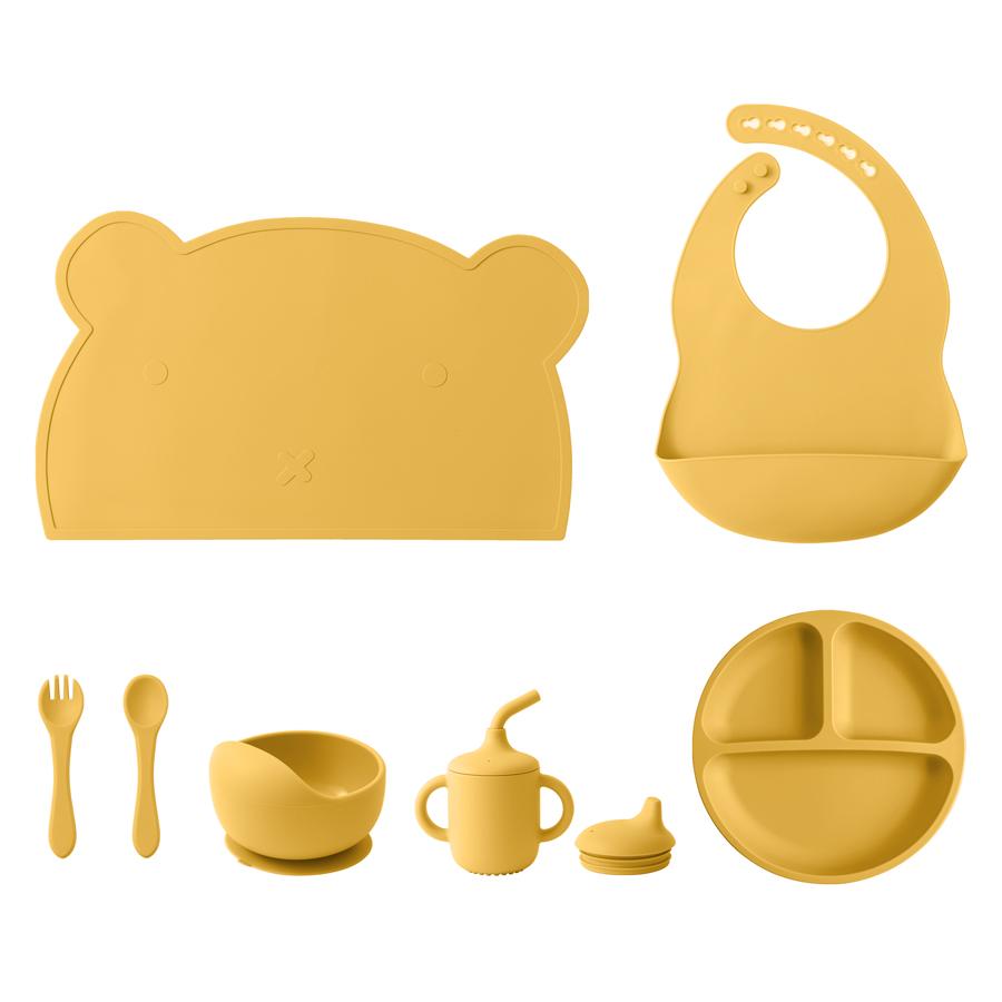 Color Kids 7Pcs Silicone Feeding Set Baby Sucker Bowl Dining Plate Spoon Waterproof Bib Sippy Cup Training Weaning Tableware