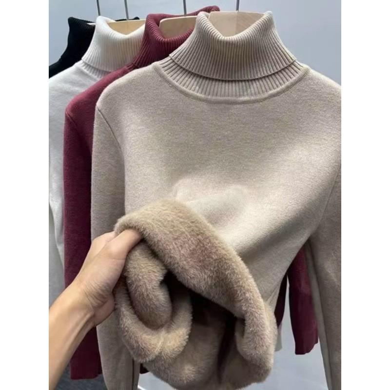 Womens Warm Knit Turtleneck Sweater With Fleece Lining Slim Fit Long Sleeve Top Winter