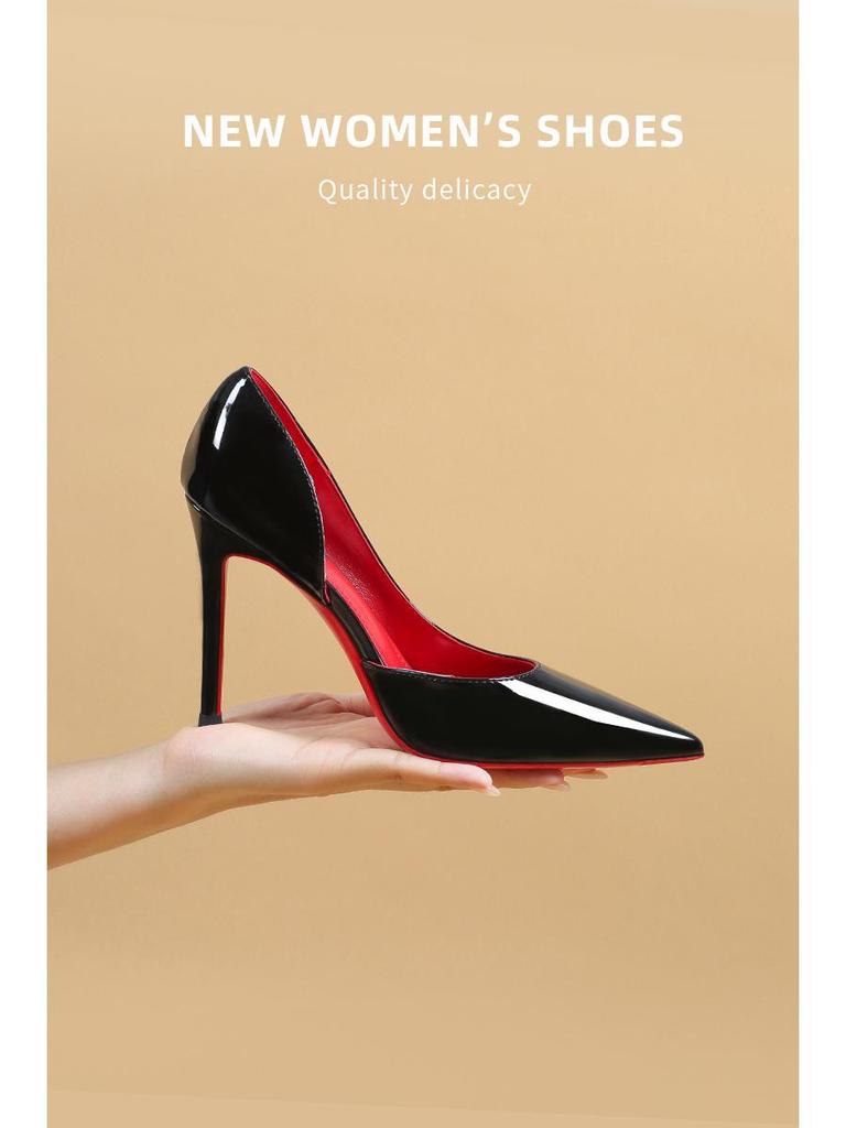 Women's Black Stiletto High Heels with Red Bottom, Side Cutout, and Pointed Toe - 2025 New Patent Leather Nightclub Shoes