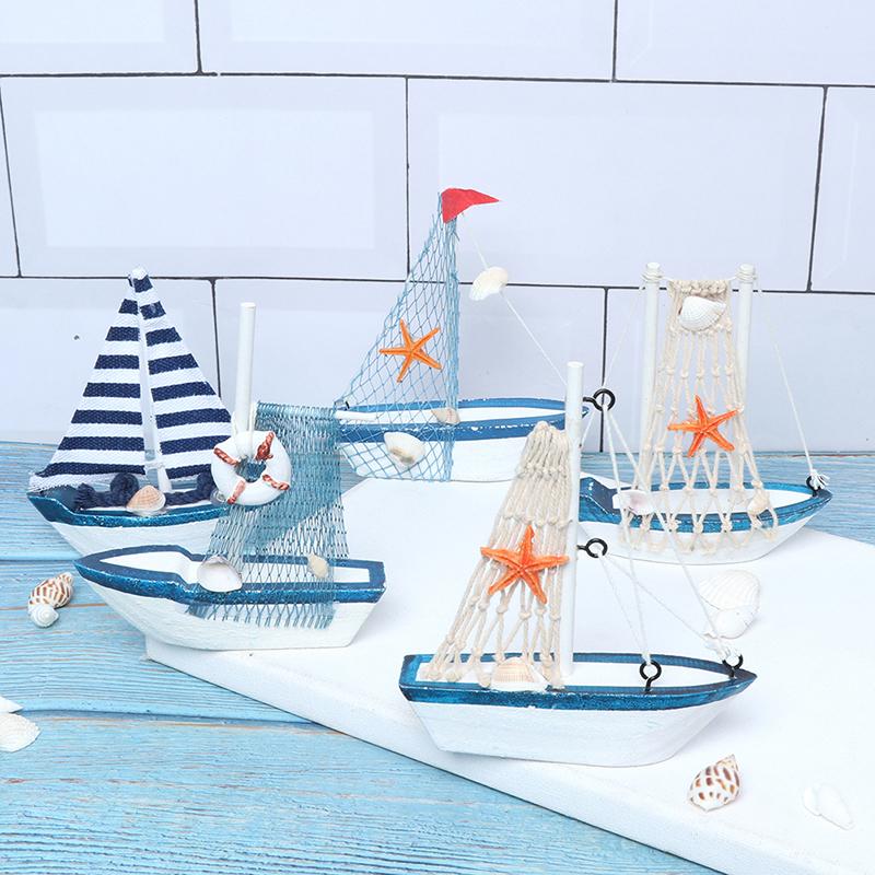 Mediterranean Style Marine Nautical Wooden Blue Boat Ship Wood Crafts Ornaments