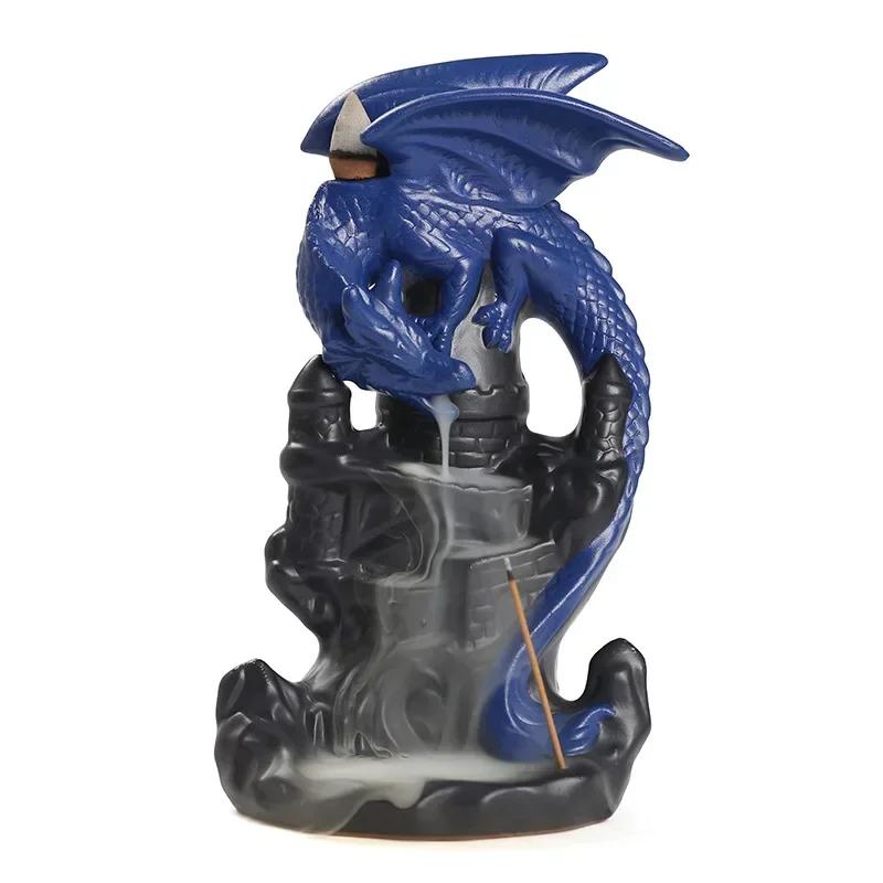1pc Ceramic Waterfall Backflow Incense Burner with Winged Dragon Castle Design for Lucky Feng Shui Home Decor (Without Incense)