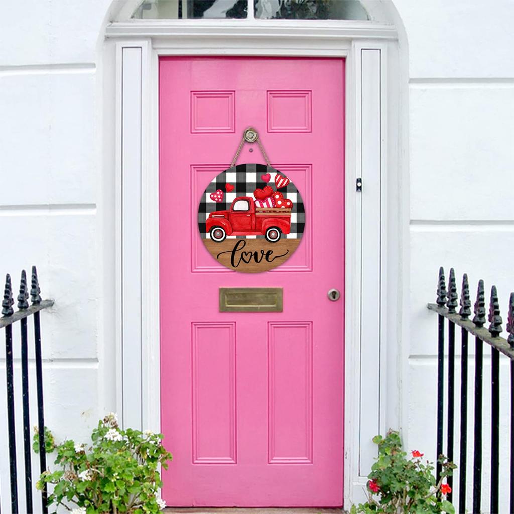 Valentines Day Wooden Door Signs Red Truck Hearts Wood Door Hanger for Front Door Farmhouse Home Party
