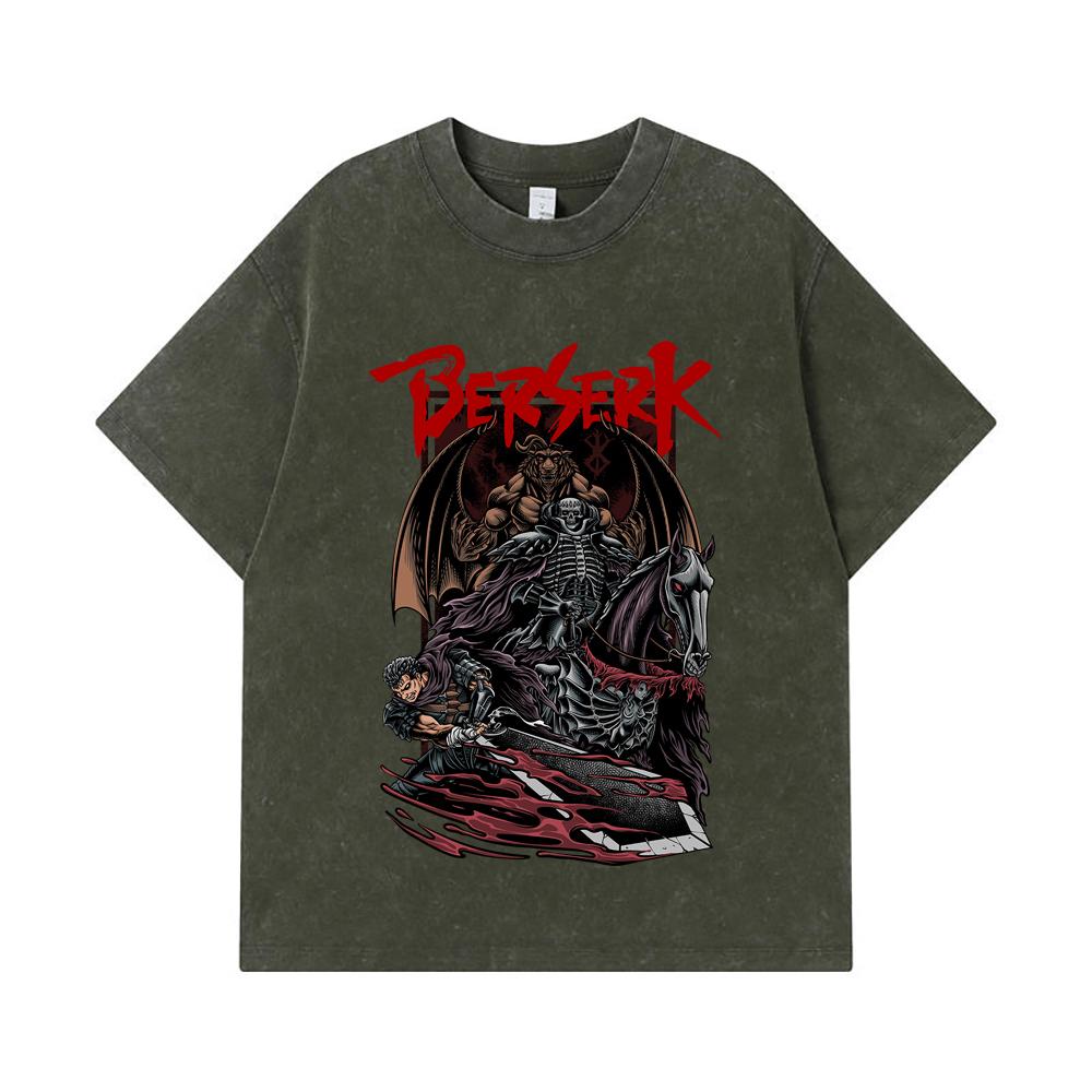 275 GSM Washed T-shirts 100% Cotton Berserk V4 Skull Knight Print Unisex Heavy Cotton T Shirt S