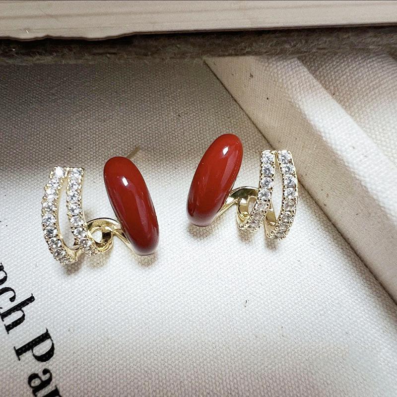 Wine Red C-shpaped Stud earrings for women curved crystal luxury wedding ear decoration female small earring