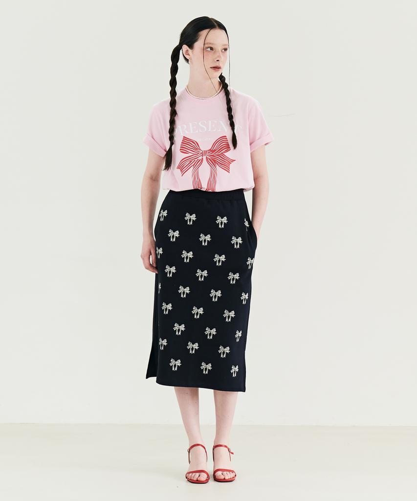 Metapeo Met Ribbon Print Elastic Waist Long Skirt Navy & Ivory