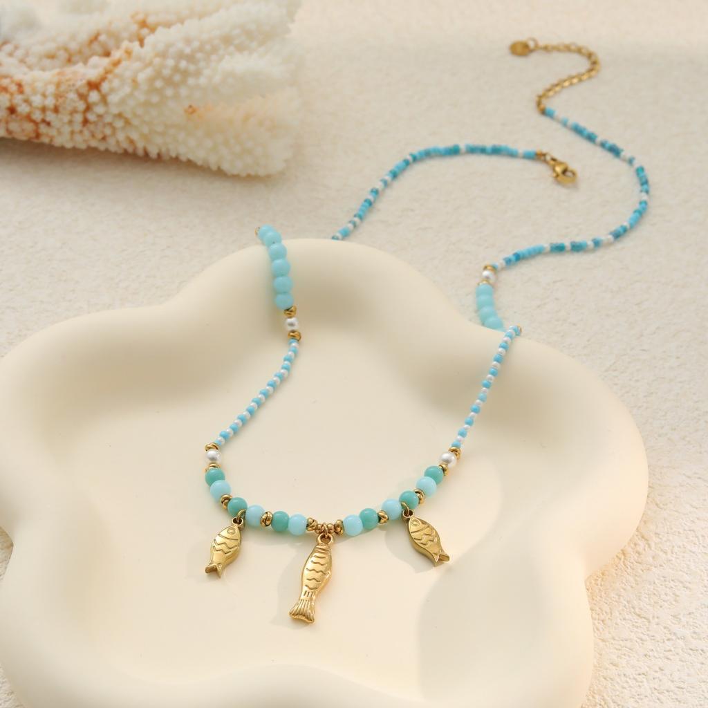 GEMCHIC Women's Ocean Style Blue Green Fish Heart Beaded Necklace Stainless Steel Layered Choker Jewelry
