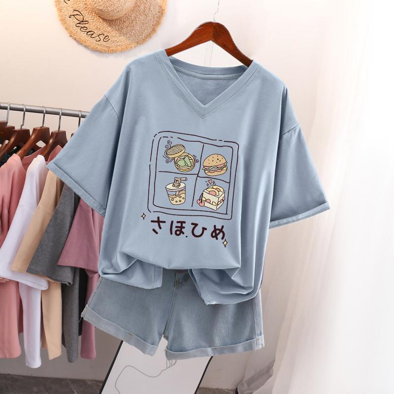 Short-sleeved T-shirt for Women, Large Size, Loose and Slimming, Printed V-neck Top