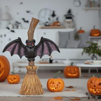 Halloween Broom & Bat Resin Figurine Witch Themed Hanging Ornaments Spooky Scene Prop for Party & Home Decoration