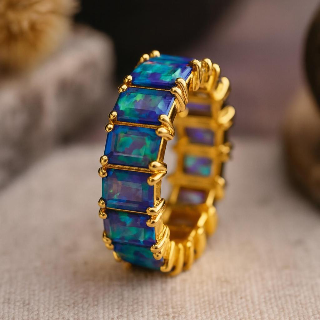 Gold Plated Black Opal Eternity 925 Sterling Silver Band – Wide Statement Ring, Vintage Inspired Wedding & Fashion Jewelry for Women