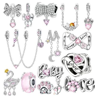Copper Metal Pink Heart Zircon Sparkling Swan Bead Component Dangle Bow Charm Bead Component Compatible With Bracelet High Quality Fine Jewelry Women
