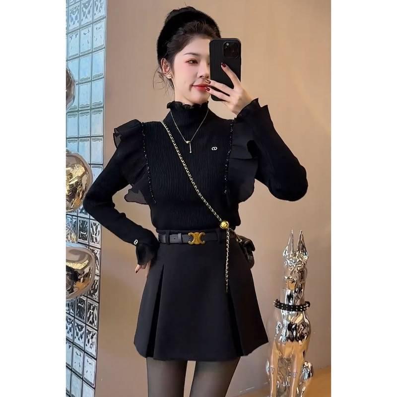 Women's Spring 2025 Korean Style Ruffle Sweater & High-Waisted Midi Skirt Two-Piece Set