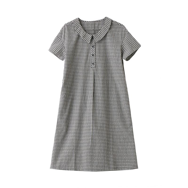 Black and white plaid cotton dress women's summer new loose and thin doll collar casual shirt skirt