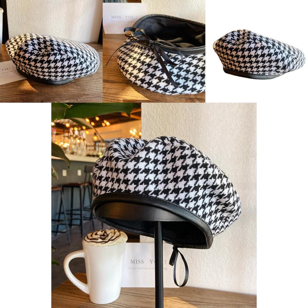 Elegant Flat Top Houndstooth Beret Women's Retro Summer Hat In Black