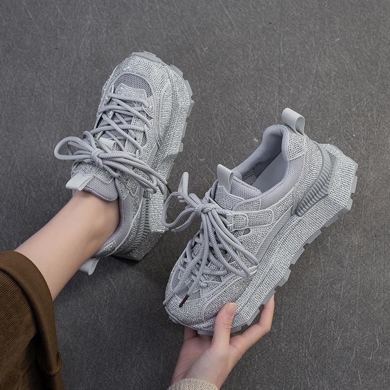 Mode 5,5CM Mode Damen Atmungsaktive Air Mesh Schuhe 2025 Sommer Dicke Sohle Plateau Lässige Sneaker Glänzender Strass Runde Zehenschuhe