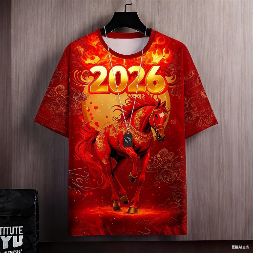2026 Year of the Horse Fashion Red T-Shirt Men’s Extended Street Casual
