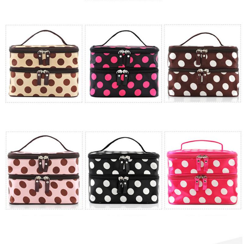 Borsa Trucco Trendy a Doppio Strato Spaziosa Design a Pois Bianchi e Neri Per un Facile Stoccaggio