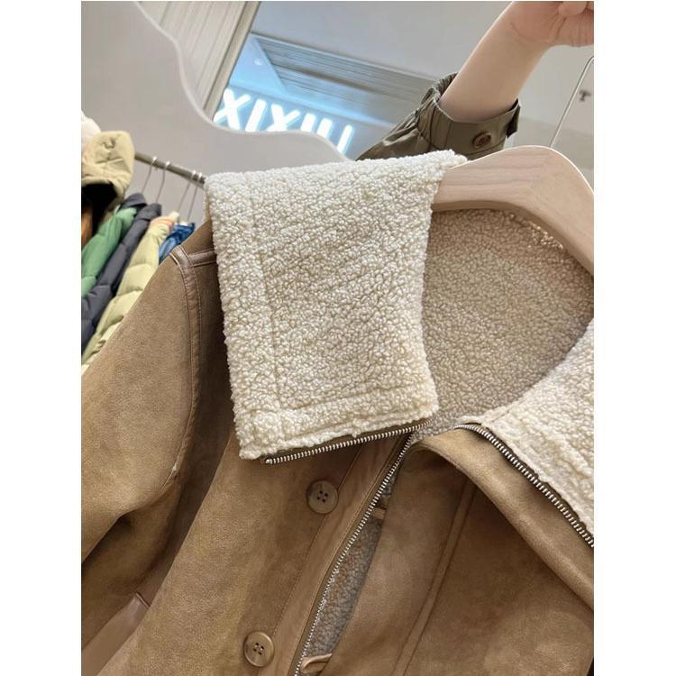 Große Revers Biker Jacke Frauen Lamm Haar Mantel 2023 Winter Gepolsterte Lose Fell Ein Wildleder Top Flut