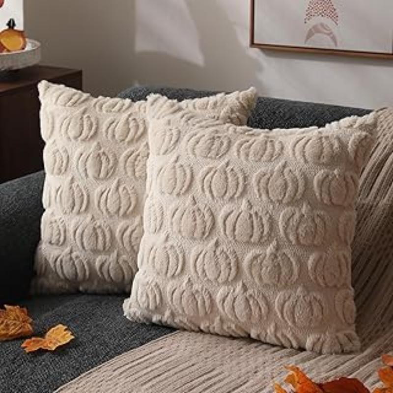 Ghost Pumpkin Plush Faux Fur Pillow Covers Soft Halloween Decor for Sofa Couch Bed Living Room White Orange Pillowcases 45x45CM
