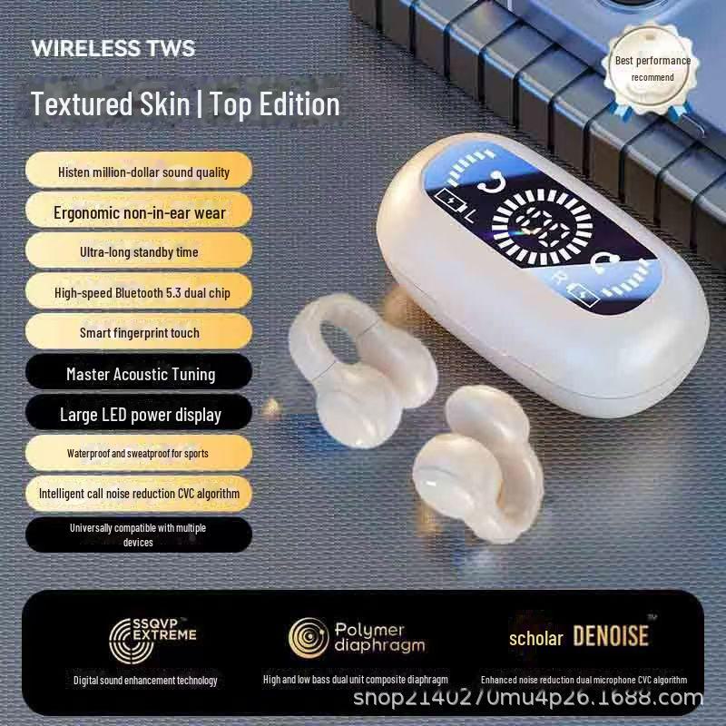 2024 Wireless Bluetooth Clip-On Headset with Noise Reduction, Non-In-Ear Design, Long Battery Life, High Quality for Gaming and Running.