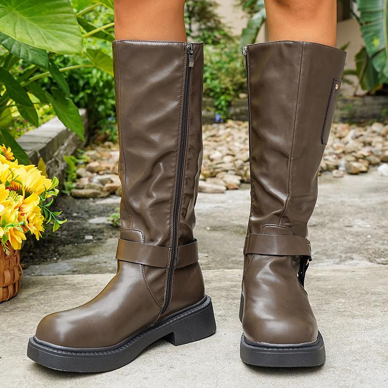 Fashion Chunky Platform Biker Boots for Women 2025 Autumn Winter Knee High Boots Woman Fashion Belt Buckle PU Leather Long Botas Mujer