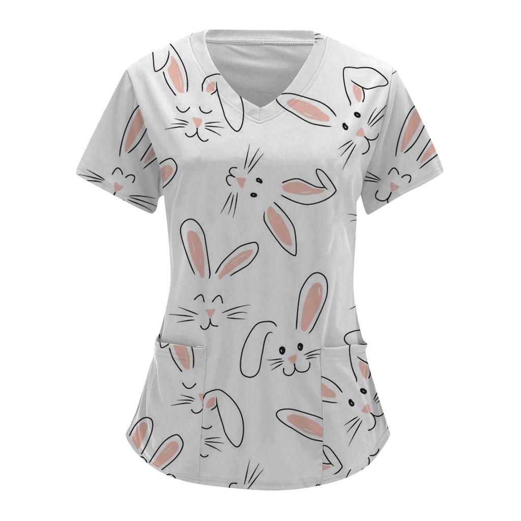 Women Fashion Easter Print V-neck Short Sleeve Workwear With Pockets Tops