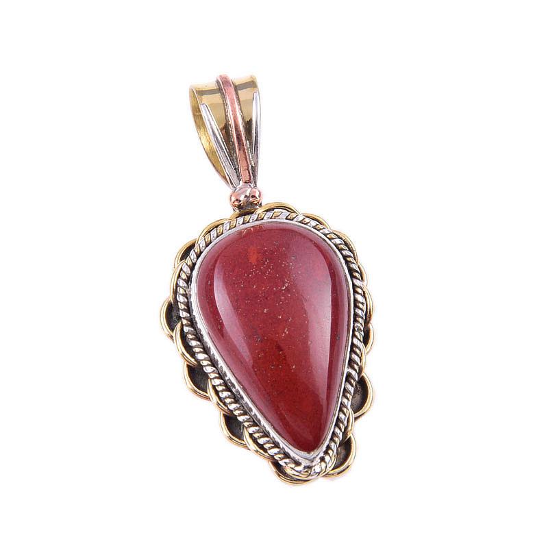 Natürlicher Roter Jaspis Edelstein 925 Massiv Sterlingsilber Zweifarbig Anhänger 1,50" F9T32