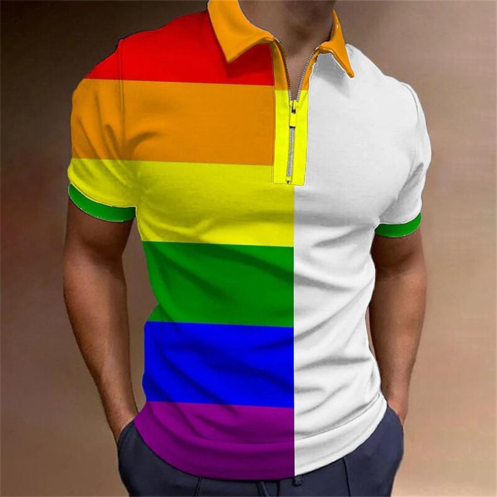 3D Cubic Print Short Sleeve Polo Shirt with Zipper, Trendy Casual Top