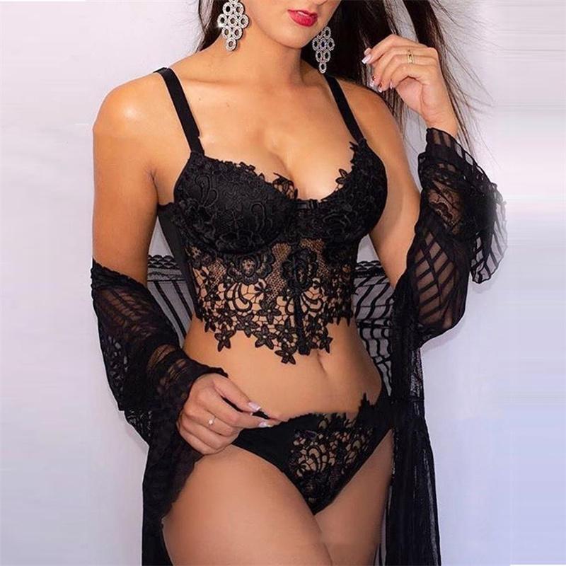 Women Sexy Lingerie 2Pcs Set See-Though Underwear Nightwear Sleepwear Ladies Lace Bra Panties Sets No Coat