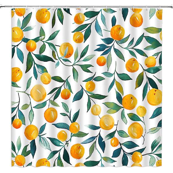 Lemon Shower Curtain Green Leaves Watercolor Fruits Plant Modern Minimalistic Botanical Bathroom Decor Curtain with Hooks,Green Orange