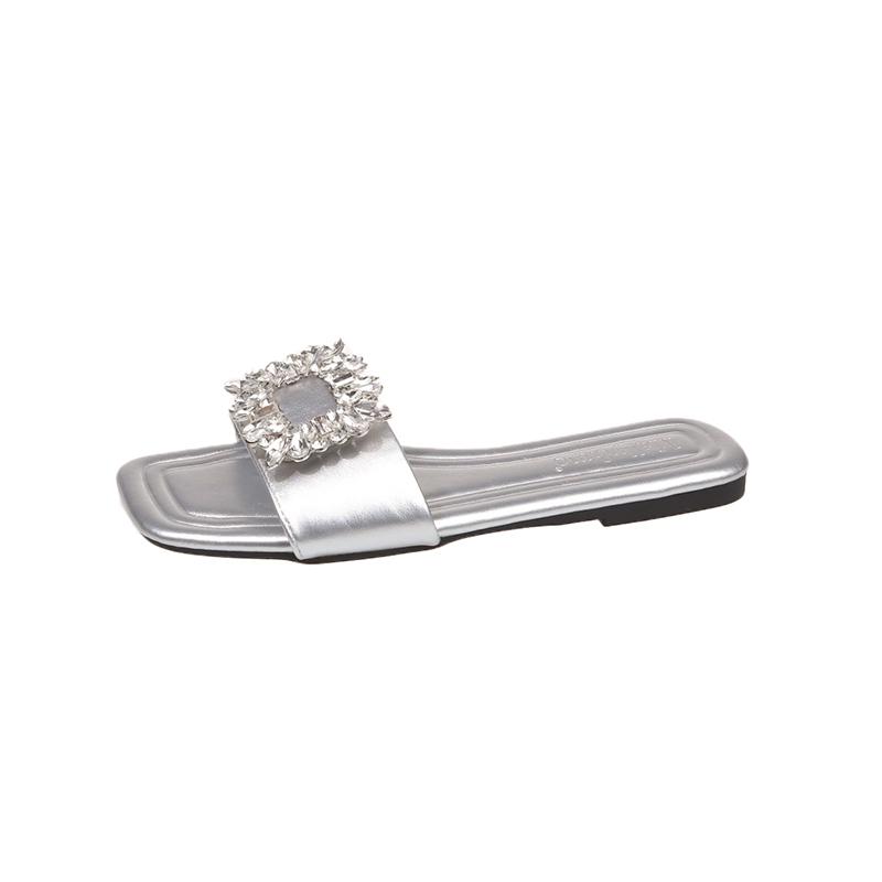 Fashion Slippers for Women In Summer Wear New Rhinestone Square Buckle Flat Flip-flops Fairy Style Beach Sandals and Slippers