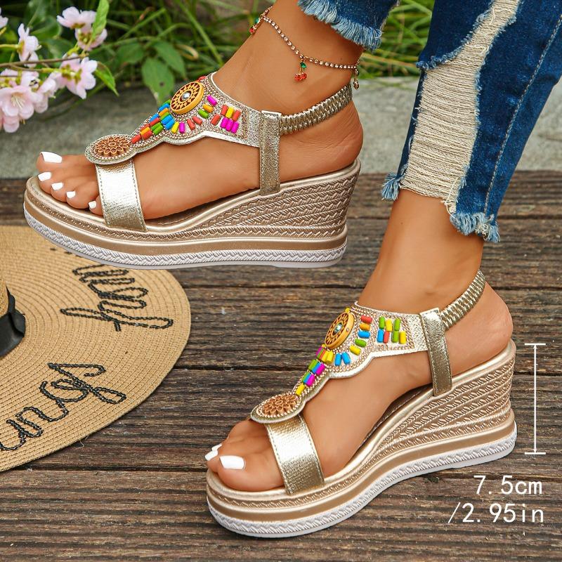 Fashion 2025 Summer Bohemian Style Wedge Heel Sandals Women Thick Sole Non Slip Beach Shoes Woman Colorful Bead Chunky Platform Sandals