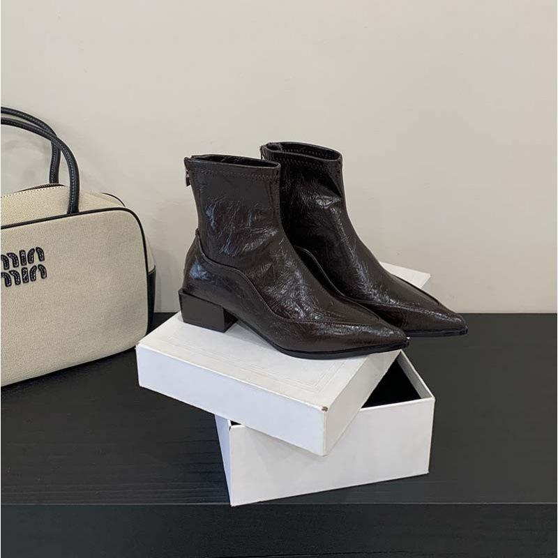 2025 Autumn and Winter New Sheepskin Pointed Elastic Boots Children's Rear Zipper Short Boots Thick Heel French Fashion Thin Boots Women