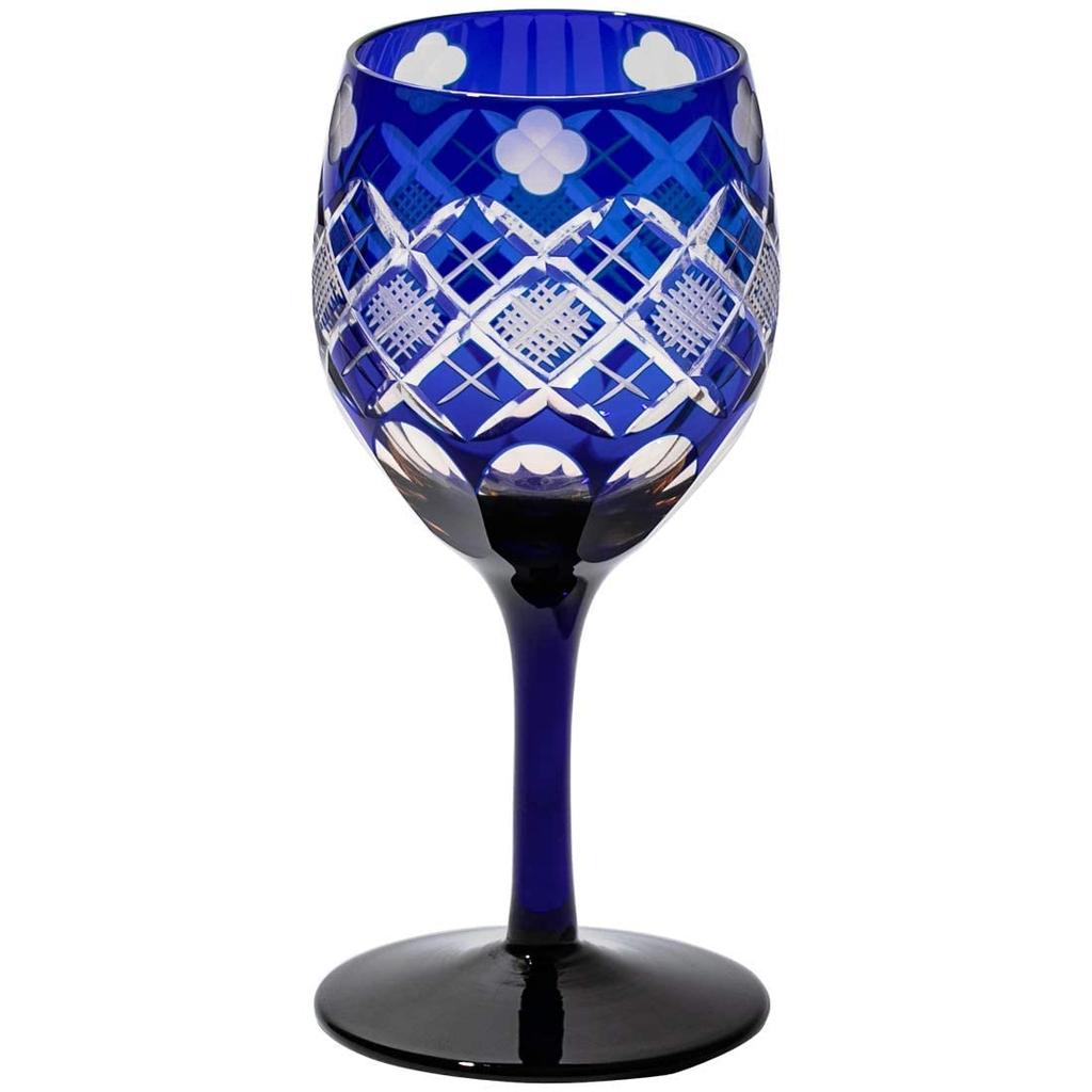 Kobo Official Direct Edo Kiriko Yotsuba with Yarai fish crest wine glass TB94408AB in wooden box Made in Japan [Taimuro Sales] (Amber Ruri)