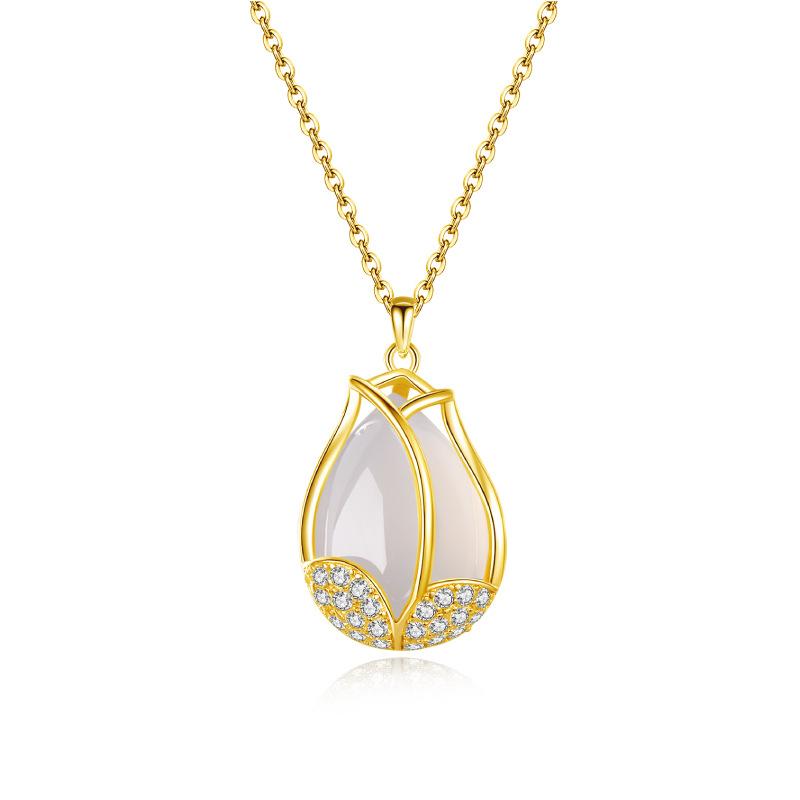 Original S925 Sterling Silver Fashion Natural Chalcedony Tulip Pendant Light Luxury Senior Necklace Female Clavicle Chain