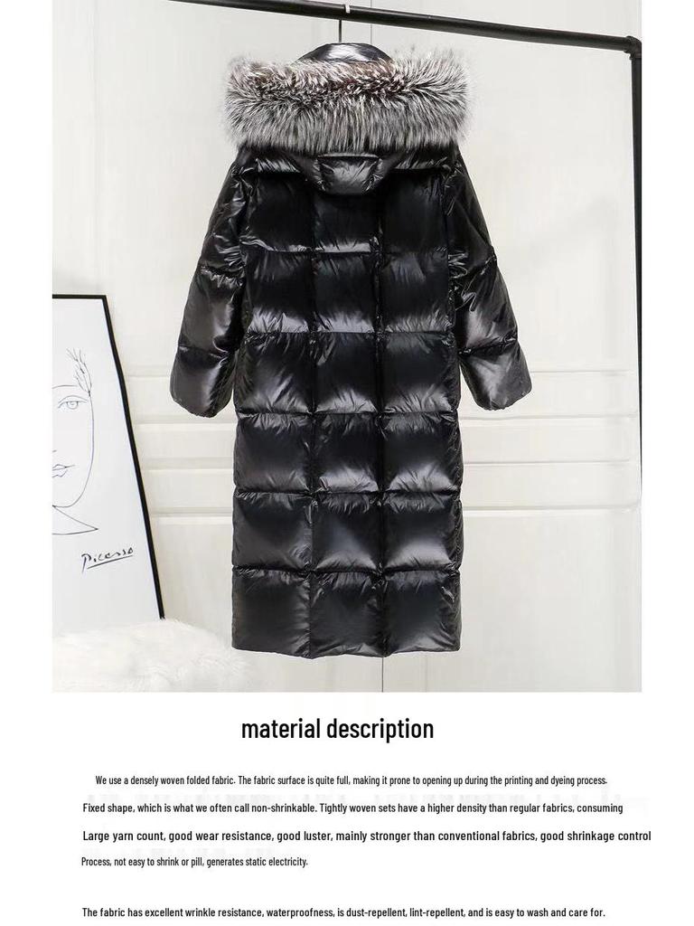 Veste en coton noir brillant longueur genou pour femme 2025 avec col en fourrure