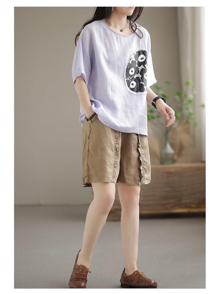 Women's Retro Pleated Cotton-Linen Harem Shorts – Casual, Loose, Elastic Waist for Spring/Summer