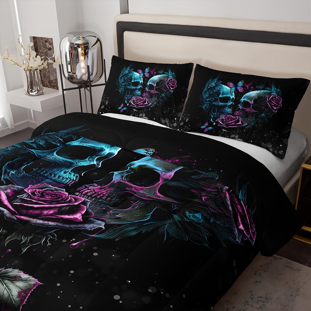 3Pcs Skull Bedding Set Goth Bedding Sets Comforter Skull Comforter Set Rose Comforter Halloween Skull Bed Comforter Cover