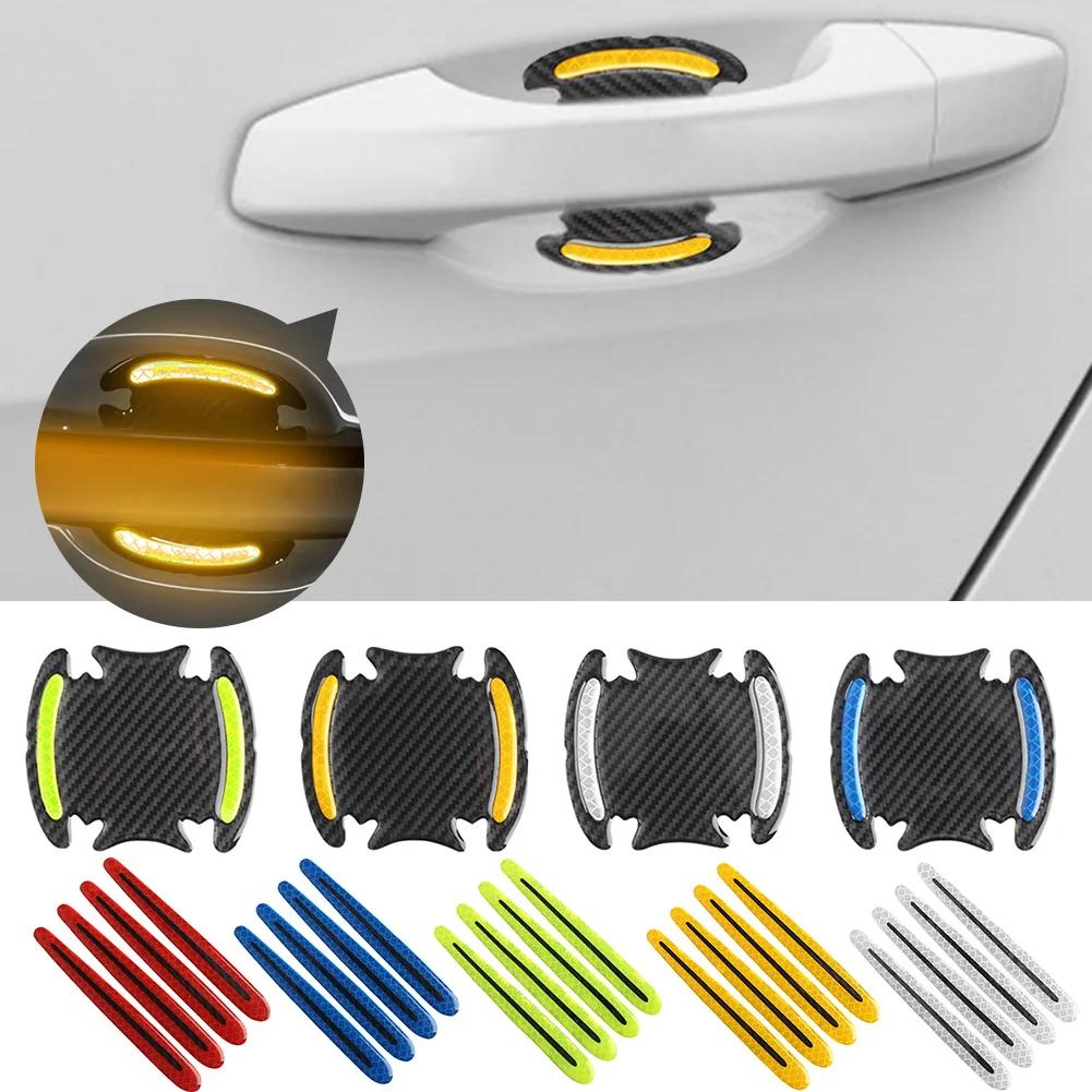 4 pezzi adesivi riflettenti 3D per auto in fibra di carbonio, strisce di avvertimento protettive per maniglie delle portiere, accessori esterni per auto