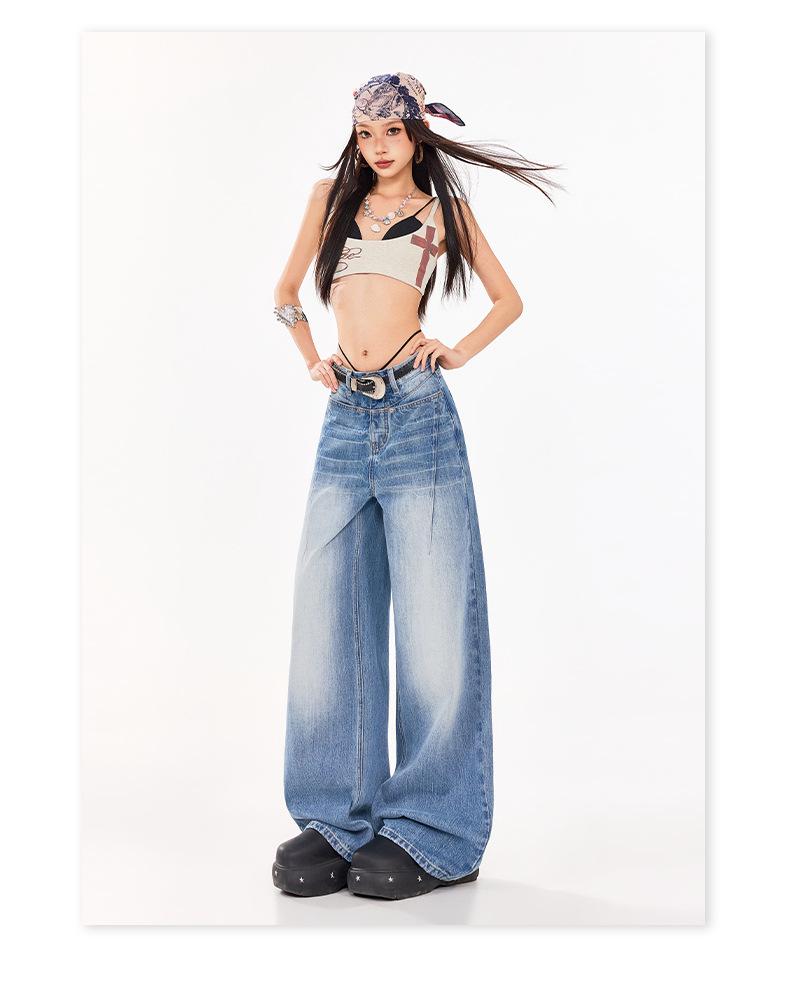 Women's Textured Distressed Denim Jeans: Loose Fit, Wide-Leg, Floor-Length, New Spring/Autumn 2026 Style.