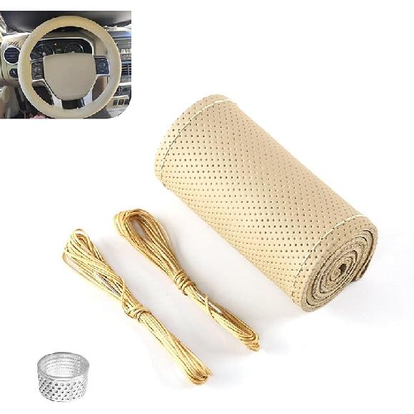 Leather Steering Wheel Cover, 15 Inch Hand Sewing Steering Wheel Wrap, Anti Slip Car Steering Wheel Protector Covers, DIY Sewing with Needle Thread, beige-hole