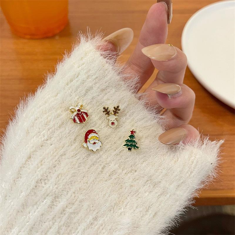 

4 Pcs/Set Cute Small Enamel Christmas Earrings for Women Trendy Santa Claus Elk Xmas Tree Stud Earrings Girls Party Jewelry Gift