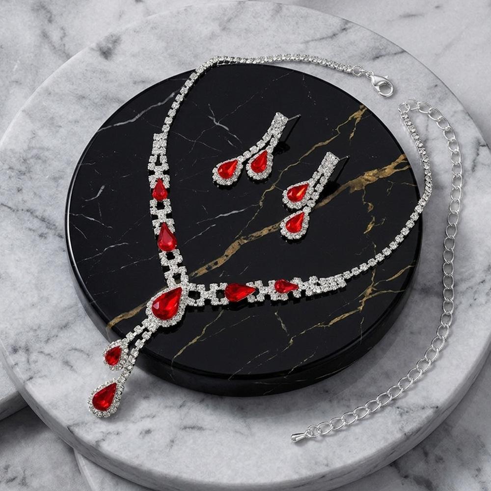 Korean version of bride copper full diamond water drop necklace clothing accessories fashion versatile red jewelry light luxury jewelry set
