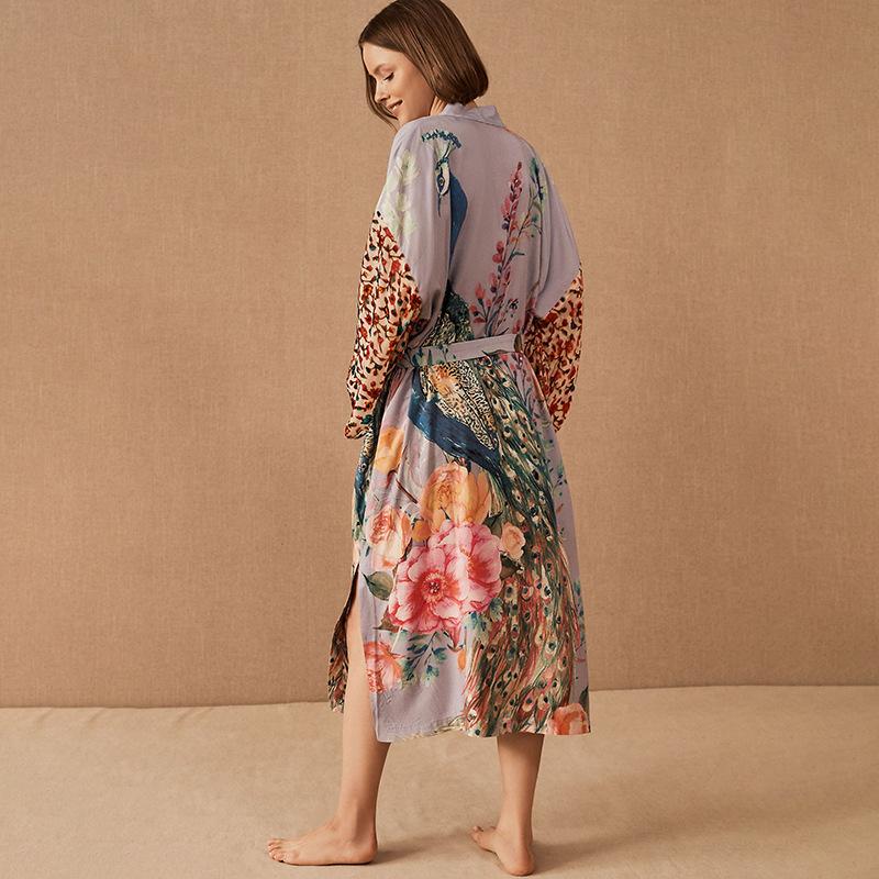 Beach Women Peocock Printed Swimsuit Cover Up Self Belted Wrap Dresses Seaside Bathing Suits Beachwear