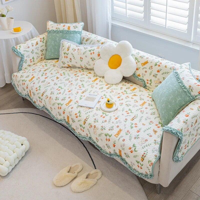Cotton Printed L-shaped Sofa Cushion Wave Edge Anti Slip Settee Towel Universal All Year Round Lace Edge Sofa Cover  Pillowcase