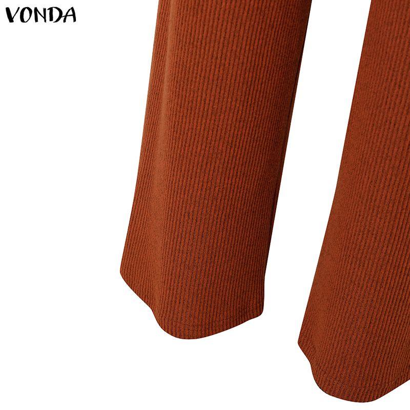 VONDA Spring Autumn Women Outfits Long Sleeve Rib Blouse and Pants Two Piece Knitted Suits