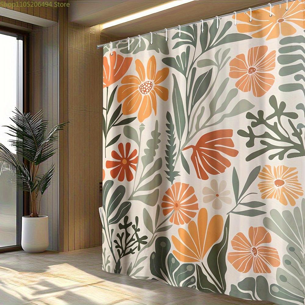 1pc Tropical Colorful Plant Shower Curtain, Digital Print High-Quality No-Drill Bathroom Partition Curtain