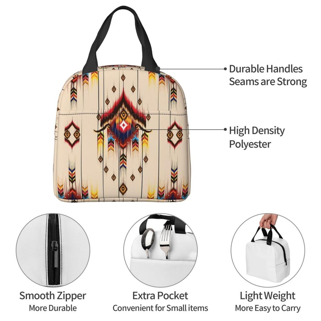 Ikat Pattern Embroidery Abstract For Design Insulated Lunch Bag for Women Children Portable Food Boxes Thermal Lunch Box Tote
