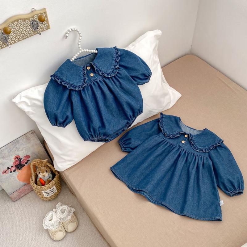 Kayoudo Girls' Denim Ruffle Collar Romper & Dress