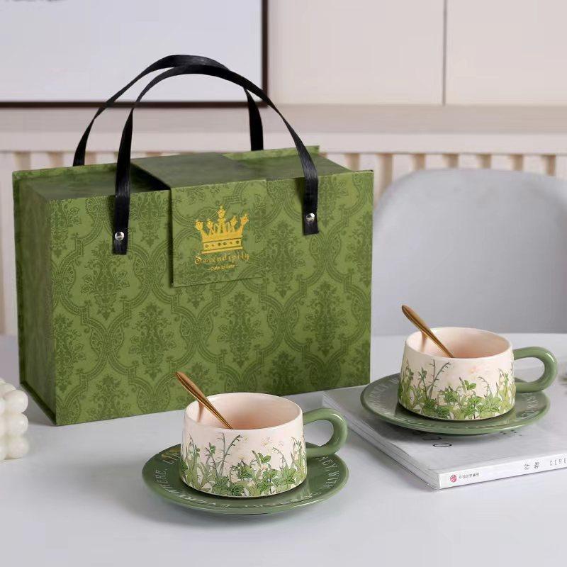 Retro Ceramic Cups And Saucers, Antique Oil Painting, Green Lily Of The Valley, Coffee Cup And Saucer, Hepburn Style Afternoon Tea